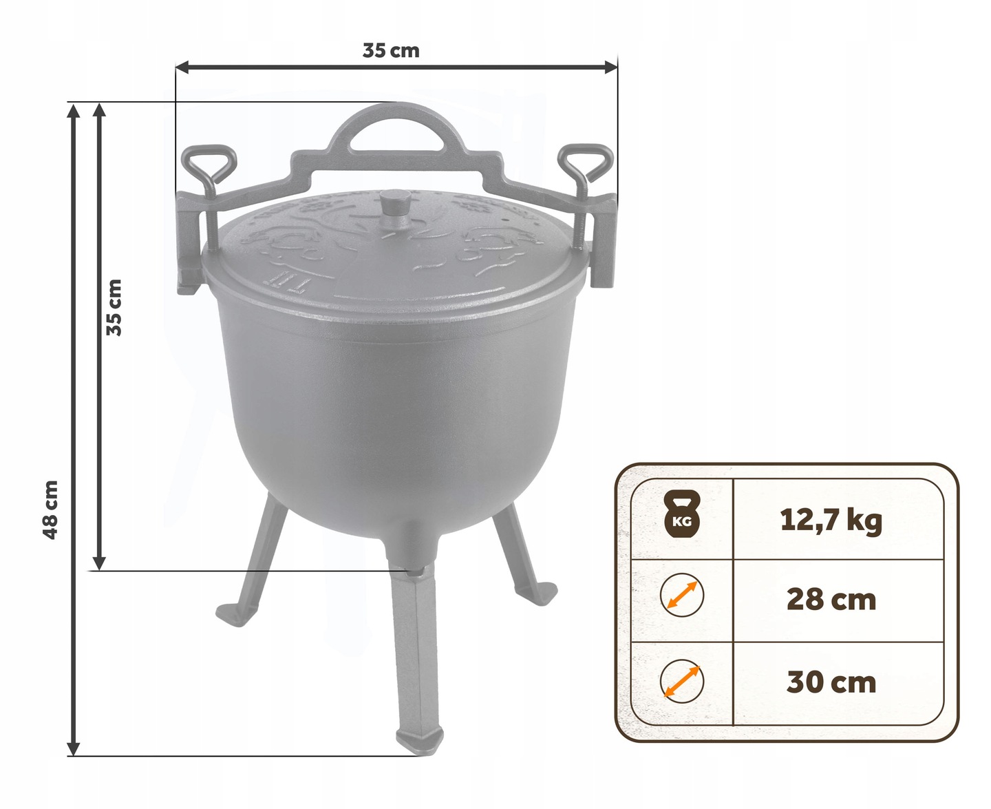 Kocioļeķa izmēru shēma ar 35 cm platumu, 35 cm augstumu un 12,7 kg svaru