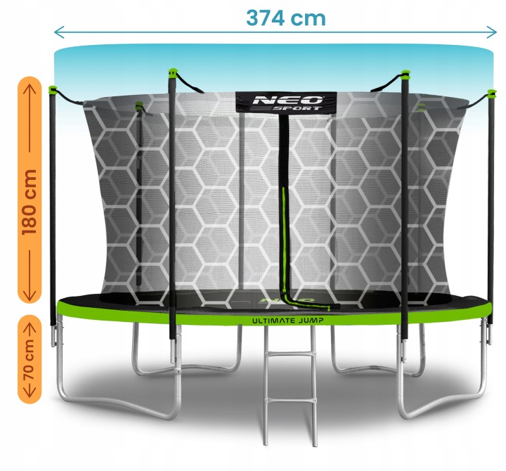 Dārza batuts Neo-Sport ar norādītu 374 cm diametru, 180 cm tīkla augstumu un 70 cm rāmja augstumu