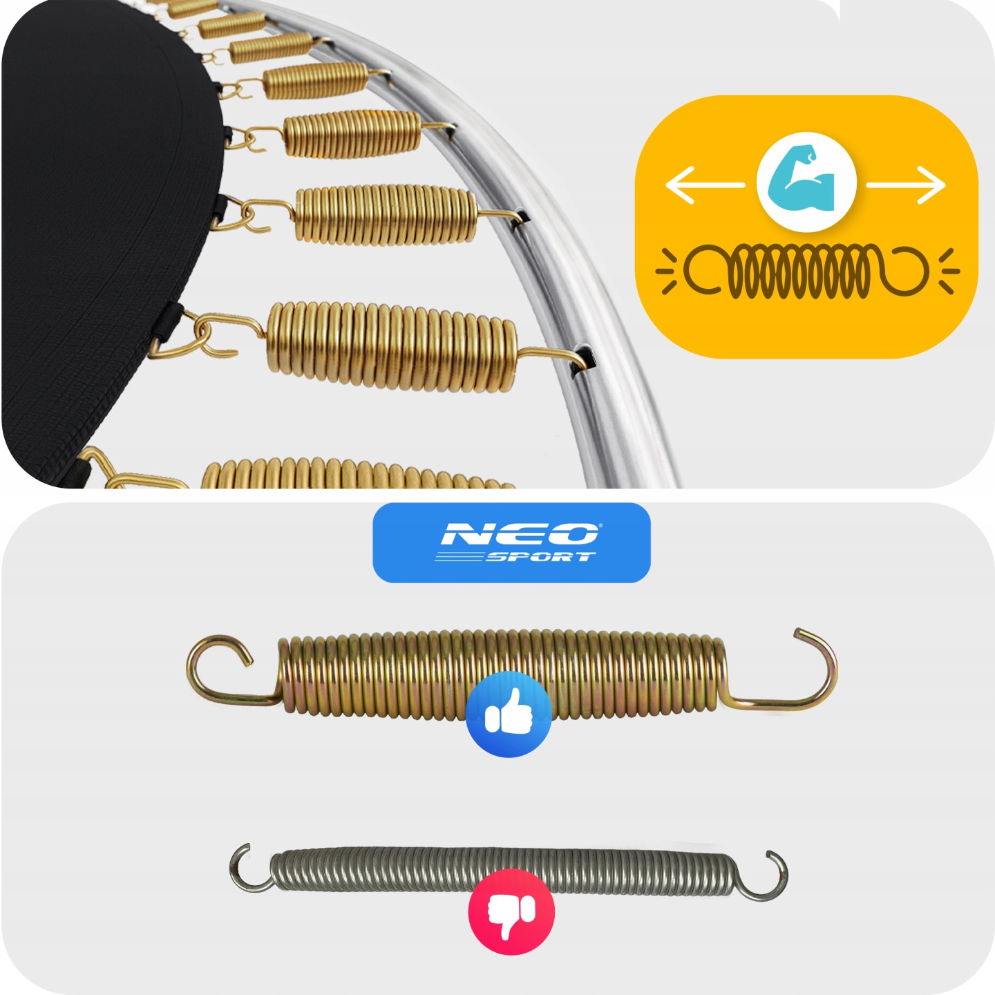 Batuta atsperes un rāmis tuvplānā ar atsperu elastības salīdzinājumu un Neo-Sport marķējumu