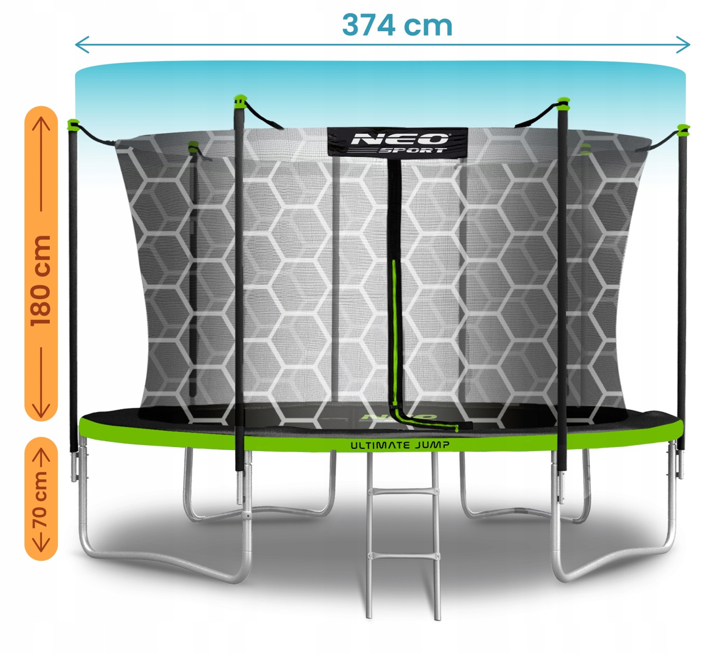 Neo-Sport dārza batuts ar 374 cm platumu, 180 cm augstu tīklu un metāla kāpnēm priekšskatā
