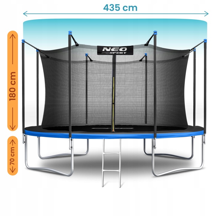 Neo-Sport dārza batuta priekšskats ar 435 cm platumu, 180 cm tīkla augstumu un 70 cm konstrukcijas augstumu