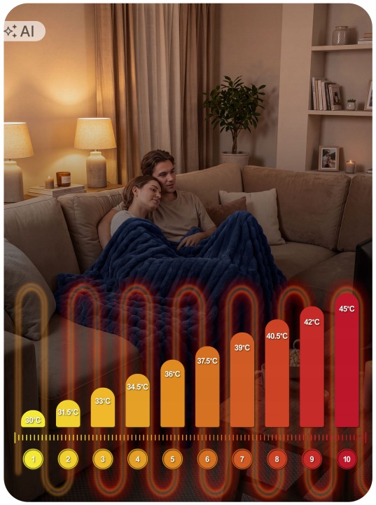 Elektriskais pleds Berdsen BD-963 ar temperatūras skalu no 30 °C līdz 45 °C un 10 regulēšanas līmeņiem.