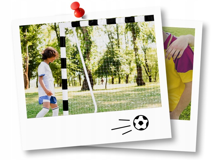 Futbola vārti pie staba ar bērnu blakus un skatu uz tīklu