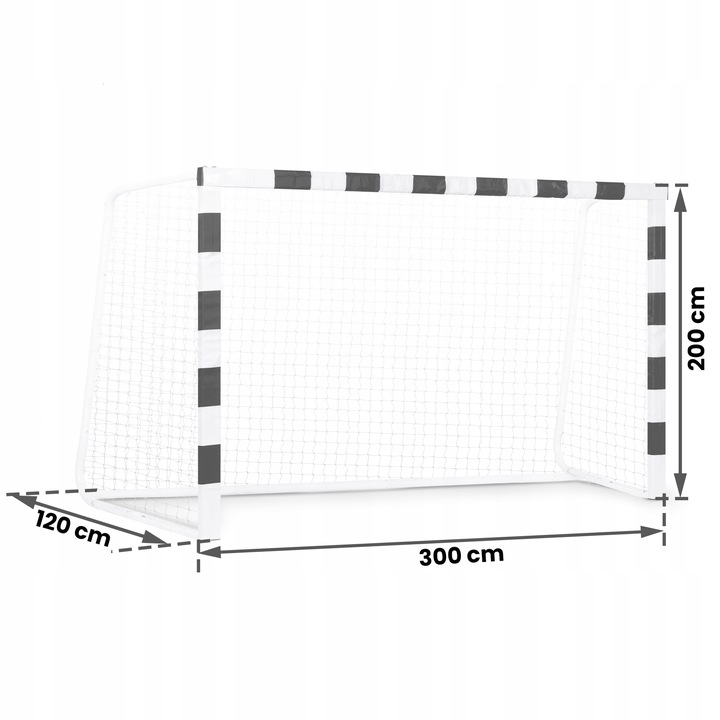 Futbola vārti ar norādītu 300 cm platumu, 200 cm augstumu un 120 cm dziļumu
