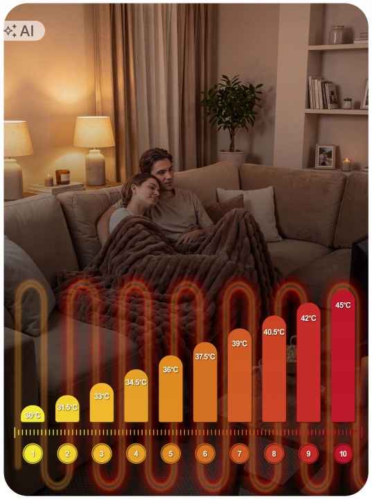 Elektriskais pleds ar temperatūras līmeņu attēlojumu no 30 līdz 45 °C viesistabas vidē