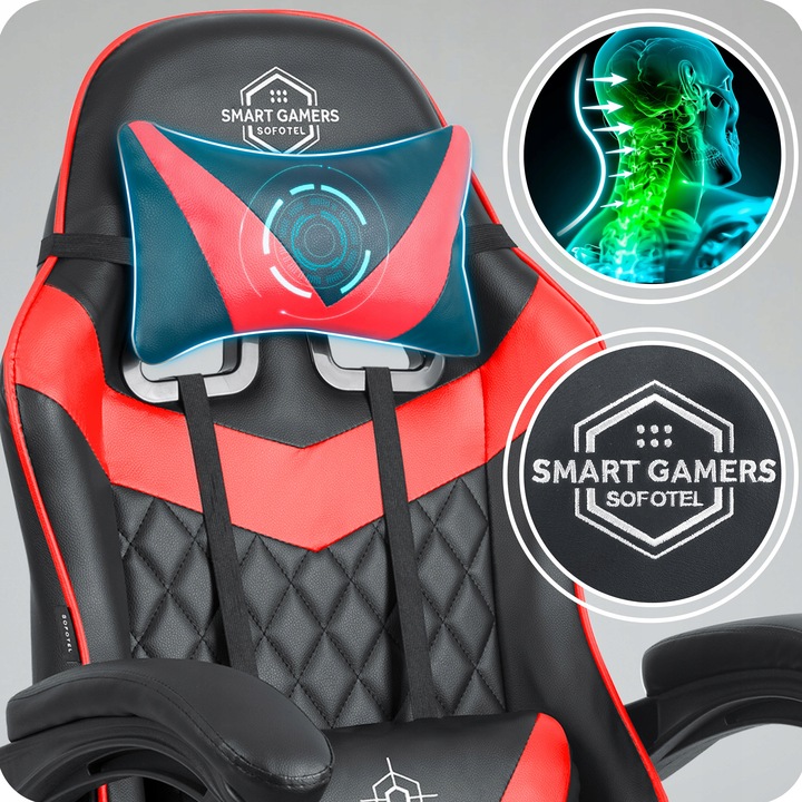 Krēsla galvas spilvens un jostasvietas spilvens ar redzamu Smart Gamers zīmējumu