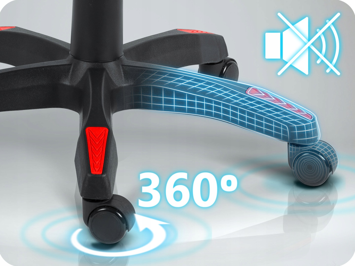 Krēsla pamatnes ritenis un 360° grozāmās kustības detaļa tuvplānā