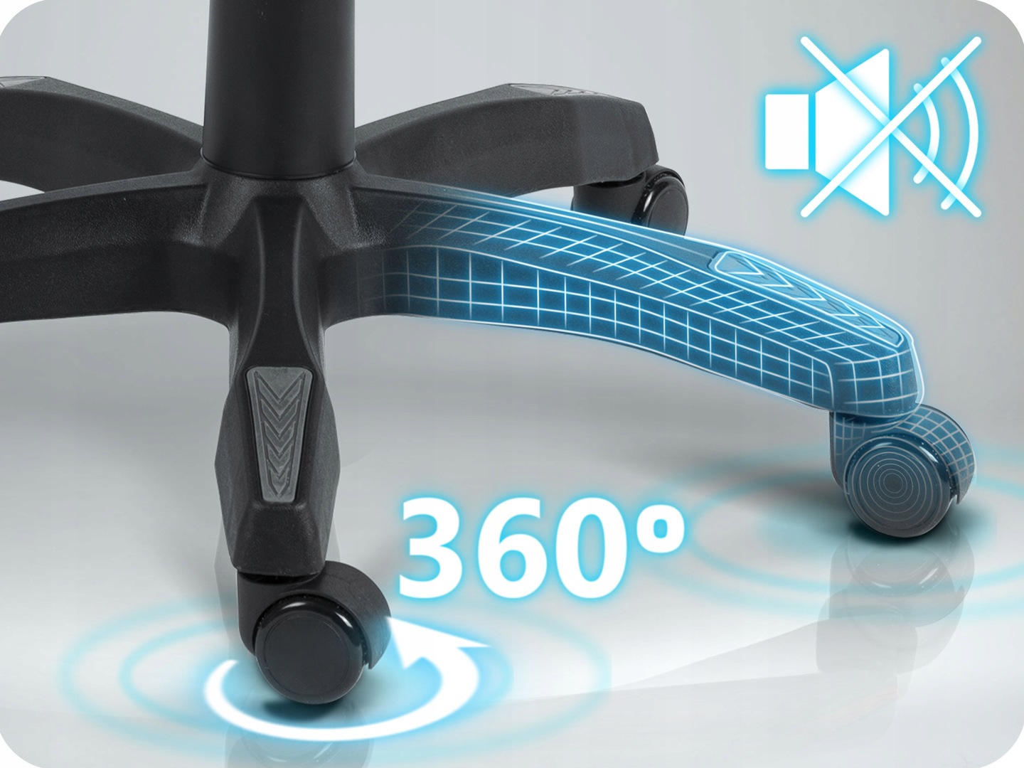 Krēsla pamatnes ritenīši un 360° grozāma kustība tuvplānā