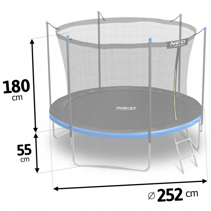 Batuta izmēru shēma ar 252 cm diametru, 180 cm tīkla augstumu un 55 cm konstrukcijas augstumu