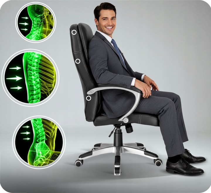 Cilvēks uz sēdoša biroja krēsla ar muguras balsta shēmu blakus, redzams ergonomisks sānu profils