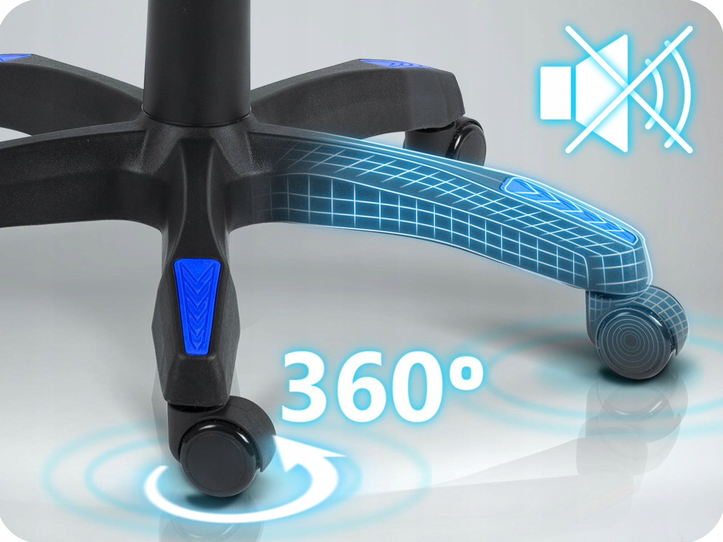 Krēsla pamatnes un 360° riteņu tuvplāns ar norādi uz klusu pārvietošanos