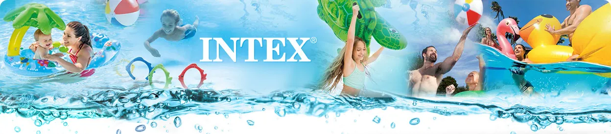 Intex baseina piederumu reklāmas ar peldlīdzekļiem un ūdens šļakatām, redzams zīmola logotips