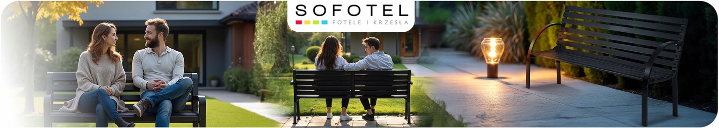 Melns dārza soliņš ar atzveltni modernā pagalma un dārza vidē