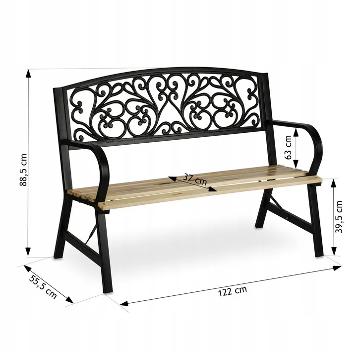 Dārza soliņa izmēru shēma ar norādītiem 122 cm, 88,5 cm, 55,5 cm, 63 cm un 39,5 cm