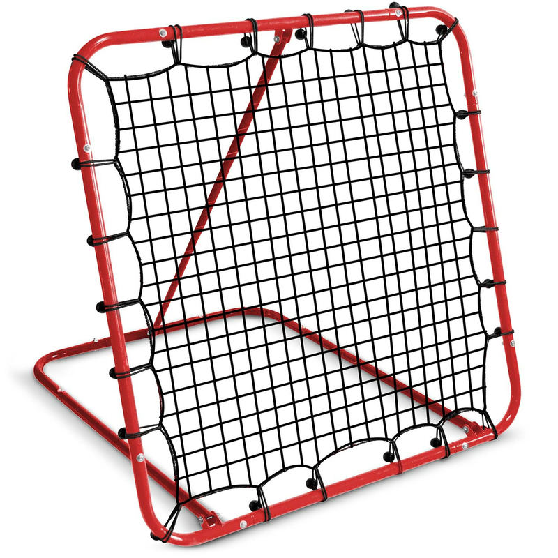 Treniņu rebounder no priekšpuses ar sarkanu rāmi un izteiktu tīkla režģi