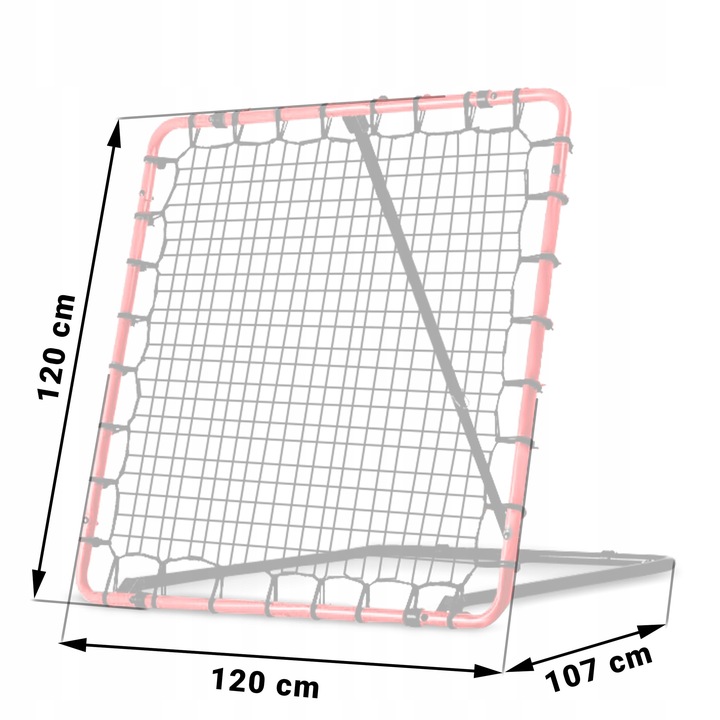Neo-Sport treniņu rebounder sānskatā ar norādāmu 120 cm augstumu un 107 cm dziļumu