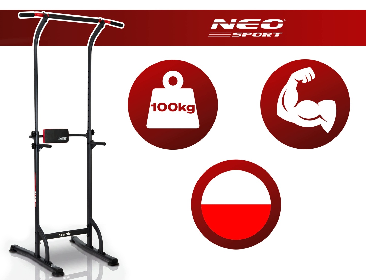 Neo-Sport Apex Dip brīvi stāvošs pievilkšanās stienis ar 100 kg noslodzi un platajām pamatnes kājām