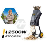 Humberg HM-650 zaru smalcinātājs ar 2500 W norādi un zaru apstrādes attēlojumu