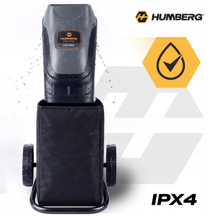 Humberg HM-650 zaru smalcinātājs ar IPX4 norādi un ūdens šļakatām