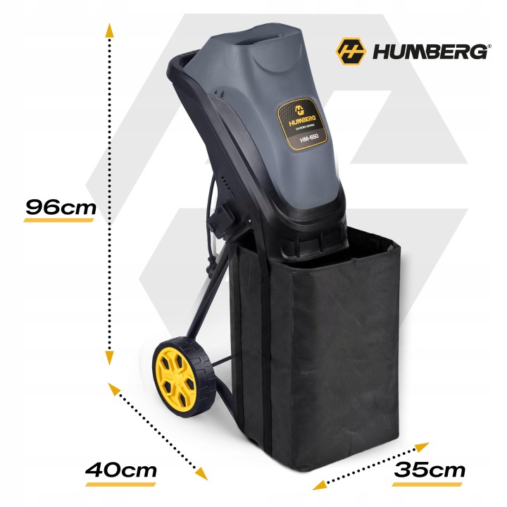Humberg HM-650 zaru smalcinātājs ar izmēru norādēm 96 cm, 40 cm un 35 cm