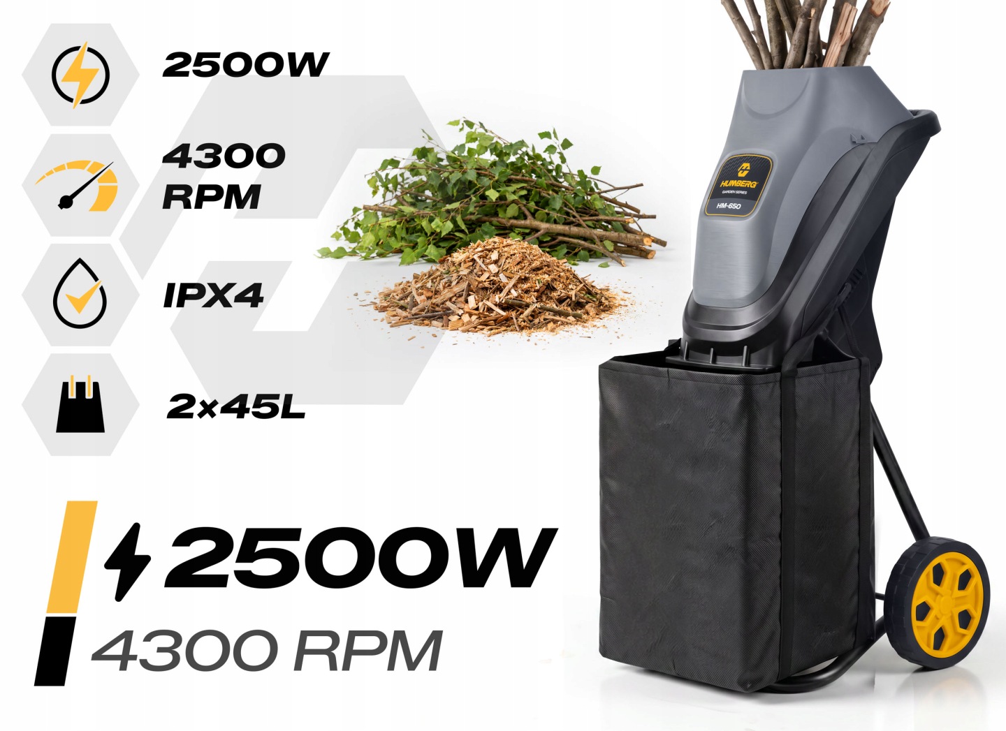 Humberg HM-650 zaru smalcinātājs ar 2500 W un 44 mm zaru smalcināšanas atveri