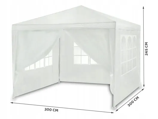 Balts dārza paviljons ar izmēru atzīmēm 300 cm un 245 cm