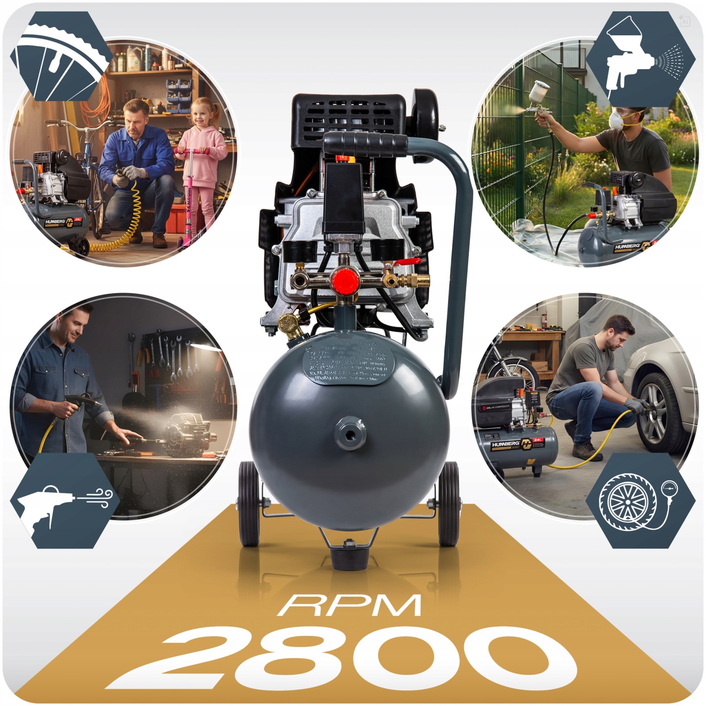 Humberg HM-264 kompresors ar 2800 apgr./min norādi un dažādiem lietojuma piemēriem fonā
