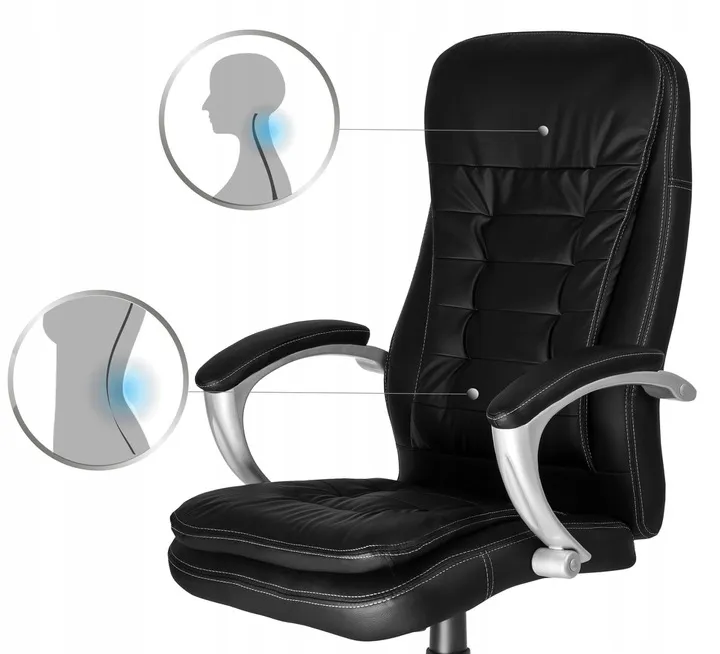 Melns ergonomisks biroja krēsls ar profilētu atzveltni un atbalstu kakla zonai sānu skatā