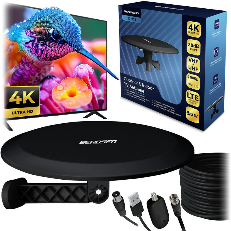 TV antena iekšējā/ārējā ultra HD 4K Berdsen BD-955, melna – produkta kopskats