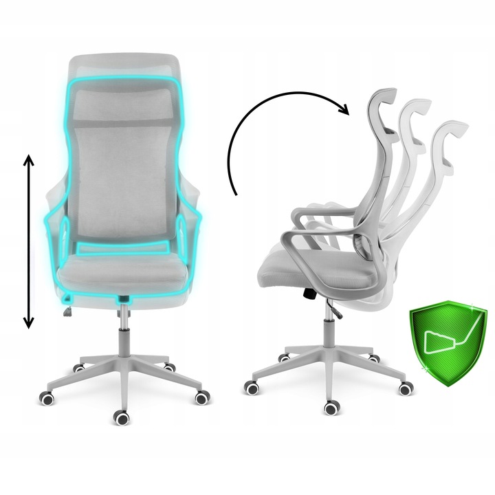 Pelēks biroja krēsls ar atzveltnes un sēdekļa šūpošanās pozīciju salīdzinājumu un atzīmētu ergonomiku