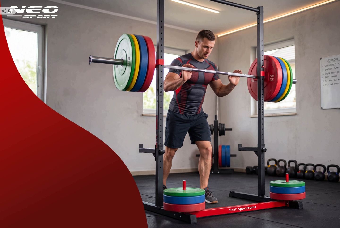 Vīrietis veic pietupienu ar stieni pie Neo-Sport Apex Frame stenda mājas sporta zālē