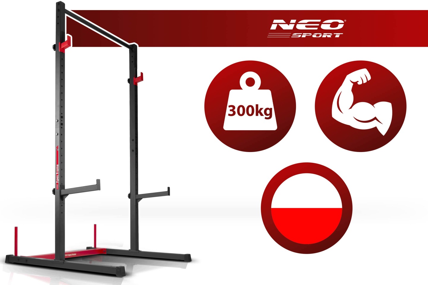 Neo-Sport Apex Frame stacionārs pievilkšanās stends ar 300 kg slodzes ikonām un regulējamiem turētājiem uz balta fona