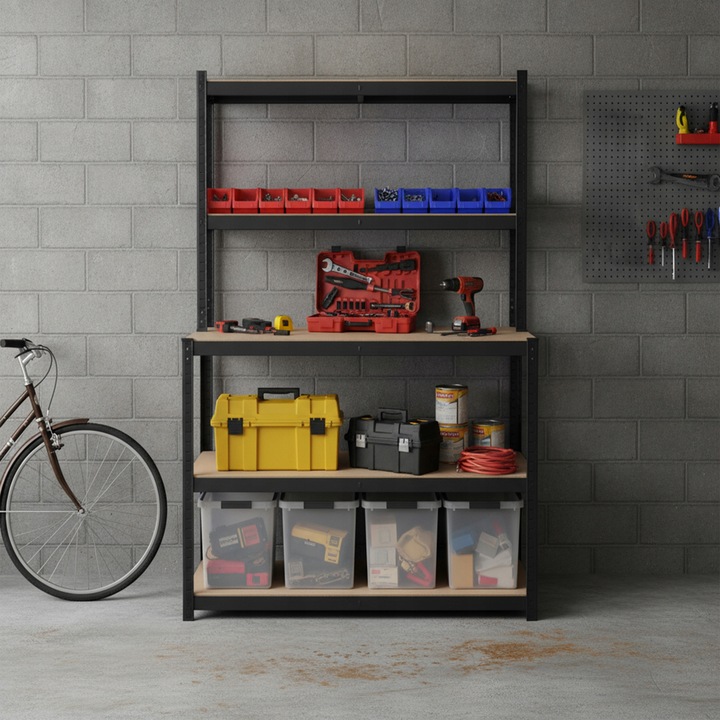 Metāla plaukts garāžas telpā ar instrumentiem, kastēm un velosipēdu malā