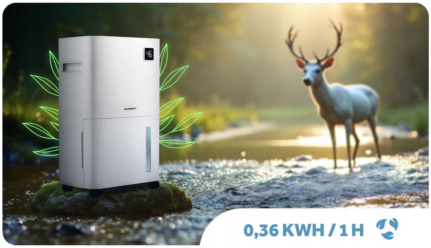 Berdsen BD-534 kompresoriskais gaisa sausinātājs uz dabas fona ar redzamu enerģijas patēriņa norādi 0,36 kWh/1 h