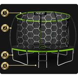 Neo-Sport batuts uz melna fona ar izceltiem četriem konstrukcijas atzīmējumiem