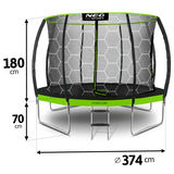 Neo-Sport batuta shēma ar norādītu 374 cm diametru, 180 cm tīkla augstumu un 70 cm pamatnes augstumu