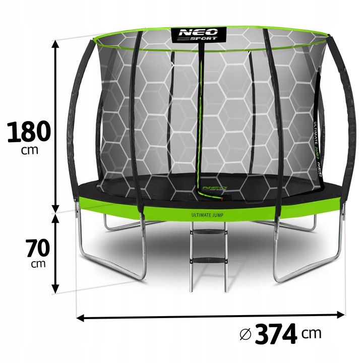 Neo-Sport batuts 374 cm ar norādītu 70 cm un 180 cm augstumu sānskatā