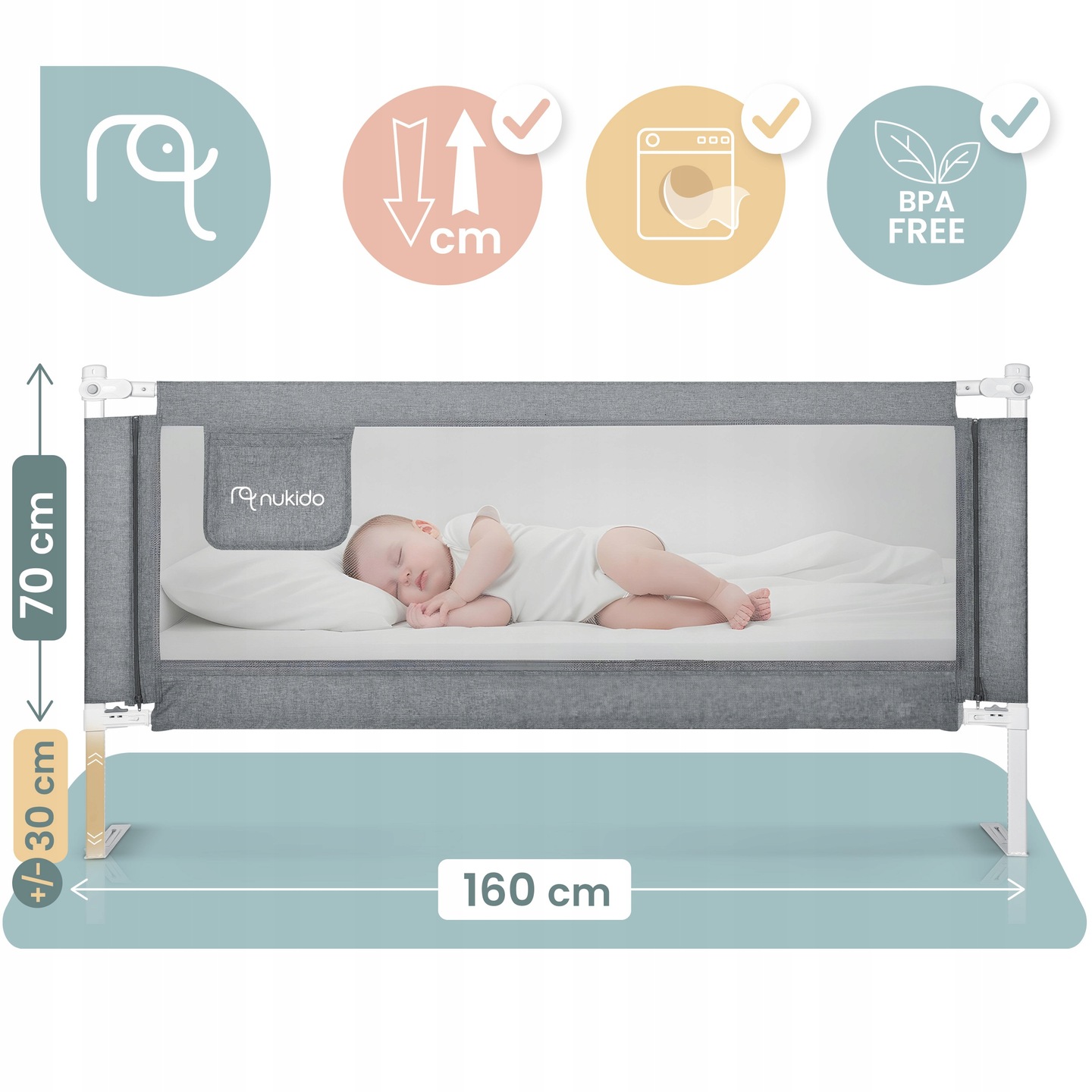 Pelēka drošības barjera gultai Nukido ar izmēra norādi 160 cm un 70 cm augstumu līdz 100 cm regulāciju