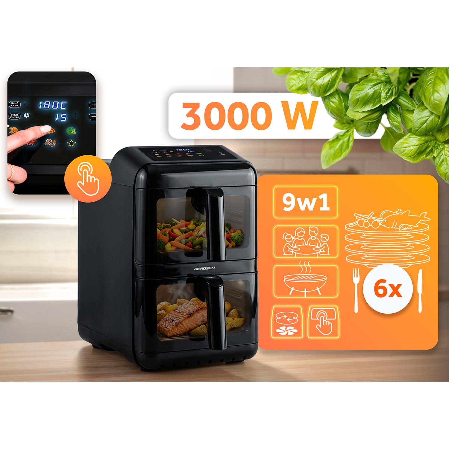 Divkameru gaisa fritieris Berdsen BD-663, 11,6 l, 3000 W – produkta galerijas skats, 2. pozīcija
