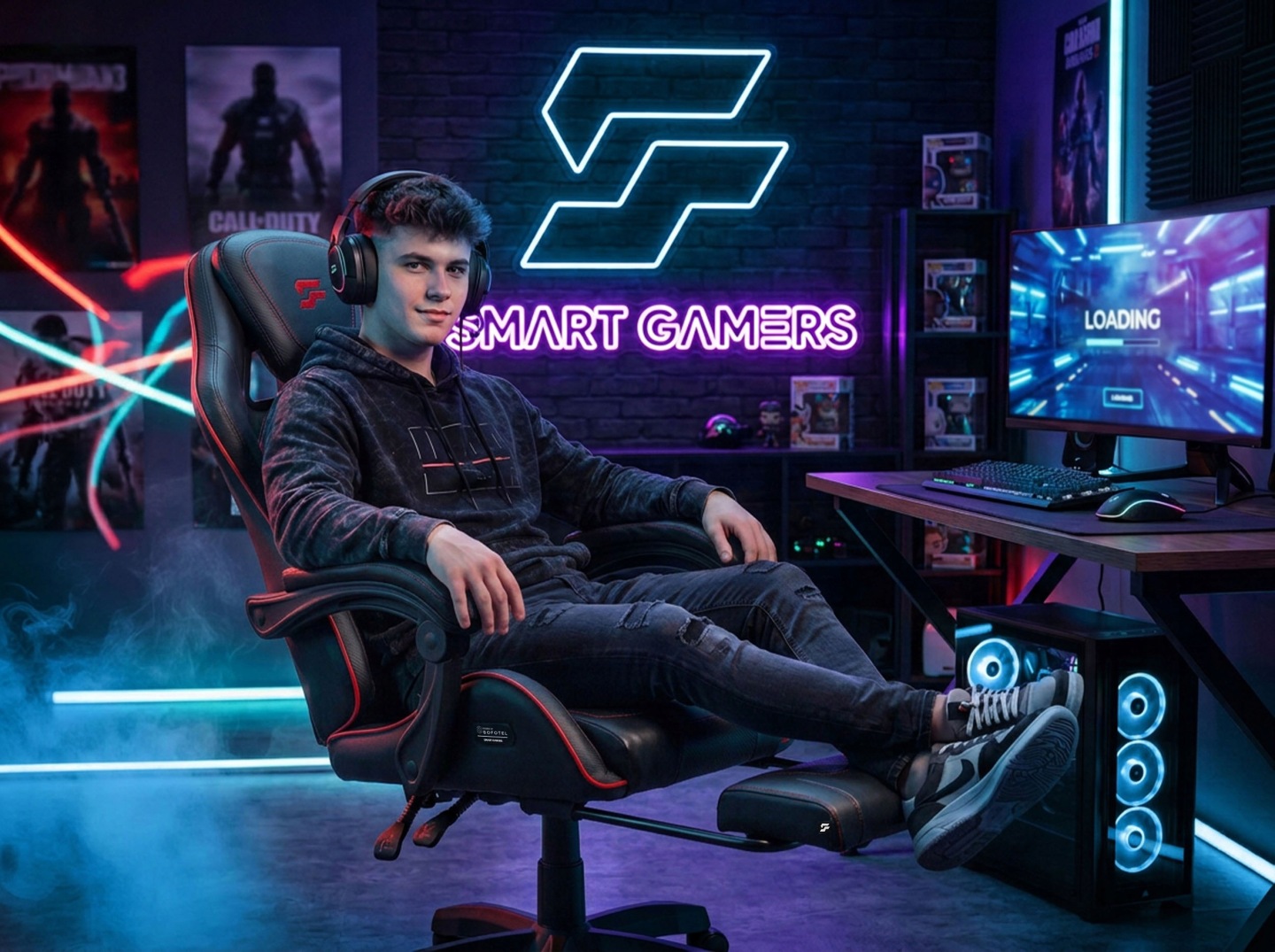 Gaming krēsls Sofotel Specter lietošanā pie spēļu galda ar sēdošu lietotāju un monitoru