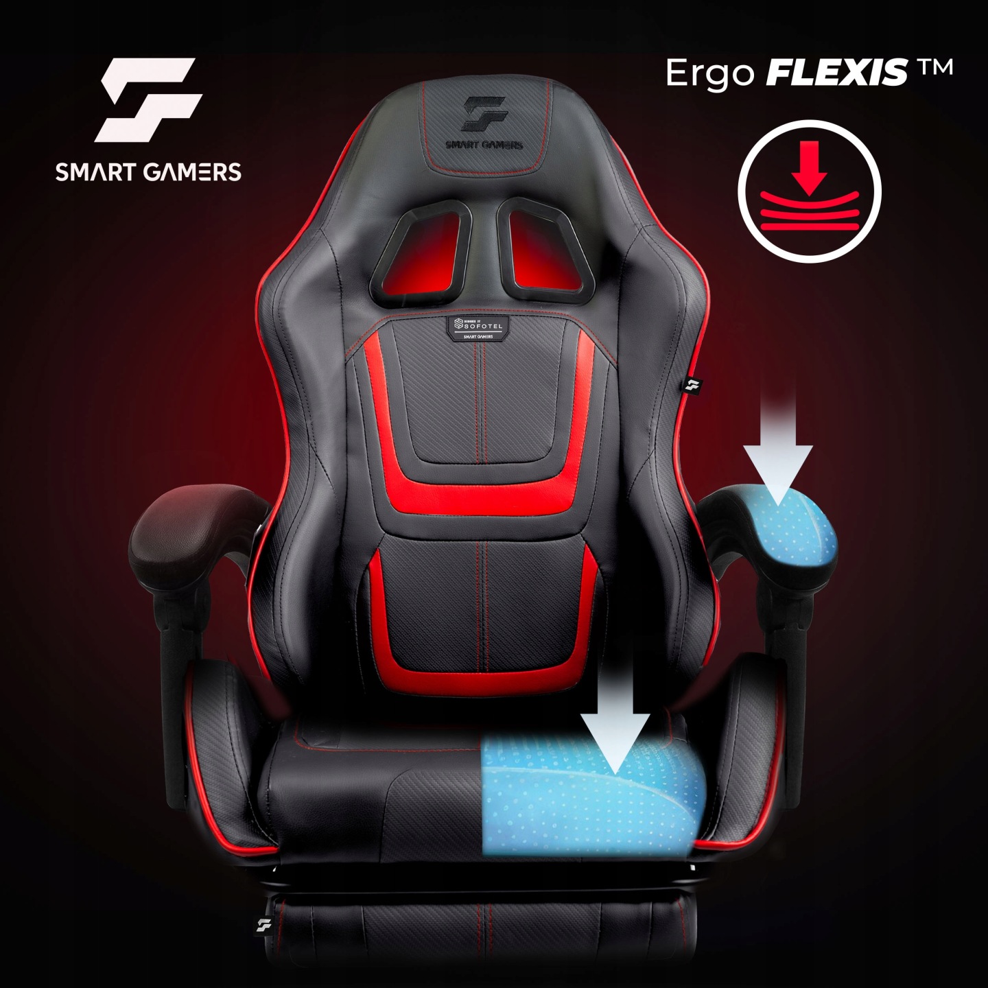 Gaming krēsls Sofotel Specter no priekšpuses ar Ergo FLEXIS™ sēdvirsmas atbalsta vizualizāciju
