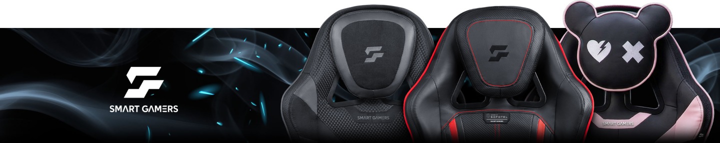 Sofotel Specter gaming krēslu komplekts ar trim dažādiem modeļa skatiem un Smart Gamers zīmola noformējumu