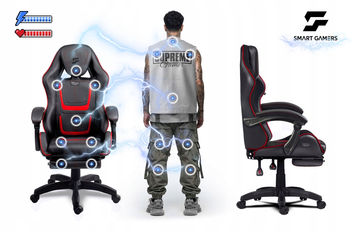 Gaming krēsls Sofotel Specter ar ergonomiskām atbalsta zonām un salīdzinājumu ar lietotāja augumu
