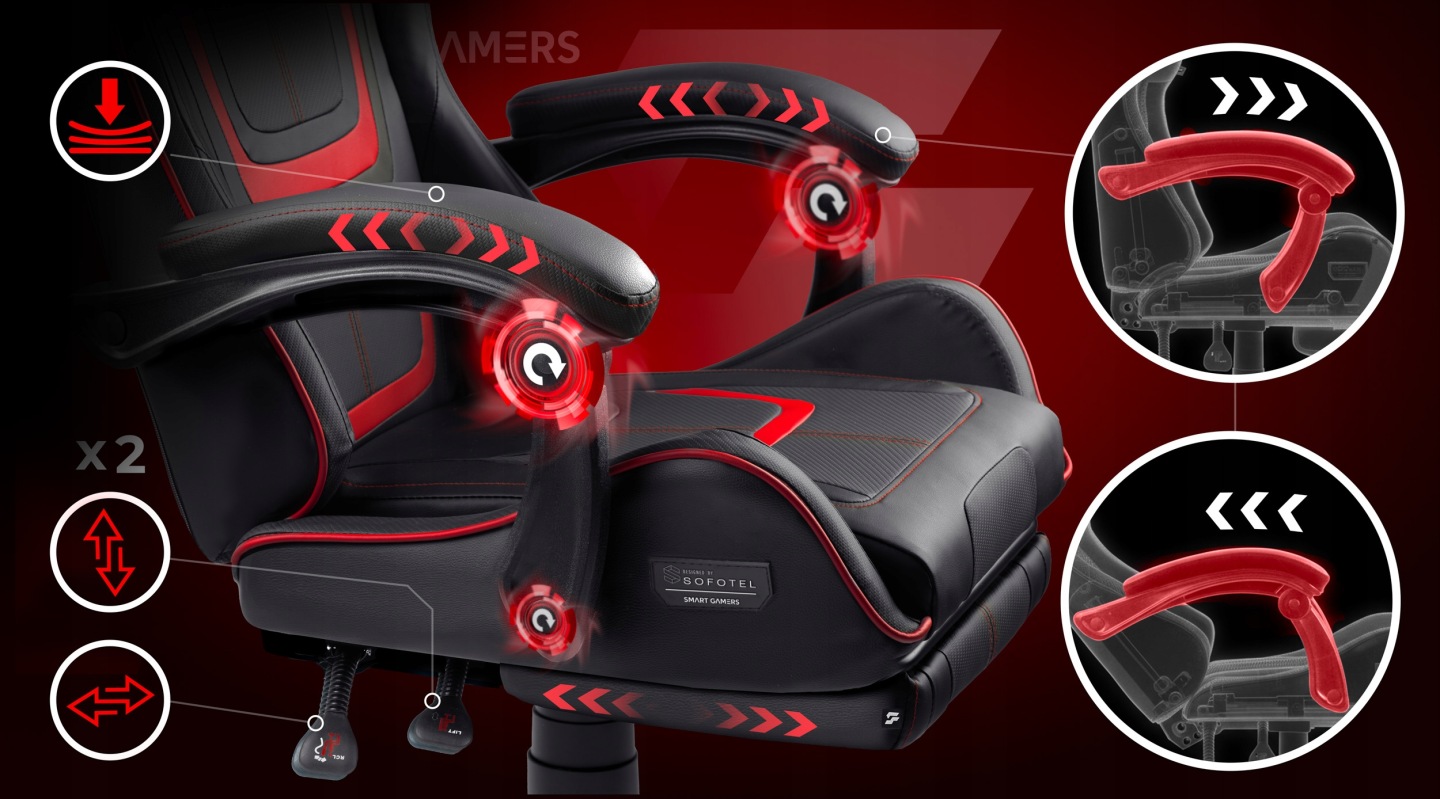Gaming krēsls Sofotel Specter ar roku balstu un atgāšanas mehānisma detaļām tuvplānā