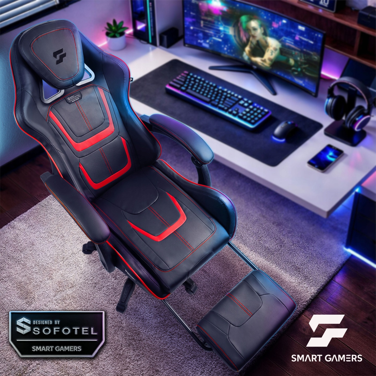 Gaming krēsls Sofotel Specter darba stūrī ar izvilktu kāju balstu un monitora zonu fonā
