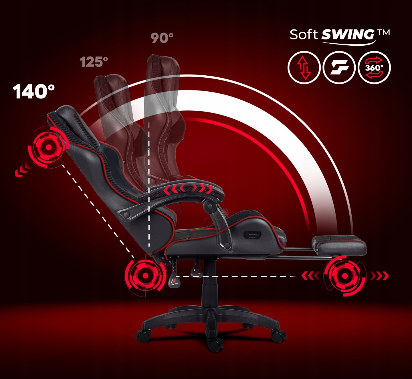 Gaming krēsls Sofotel Specter sānskatā ar Soft SWING™ atgāšanas leņķiem 90°, 125° un 140°