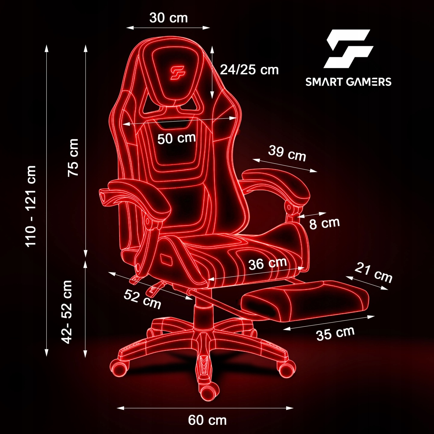 Gaming krēsls Sofotel Specter ar izmēru shēmu, kur redzami augstuma un platuma rādījumi centimetros