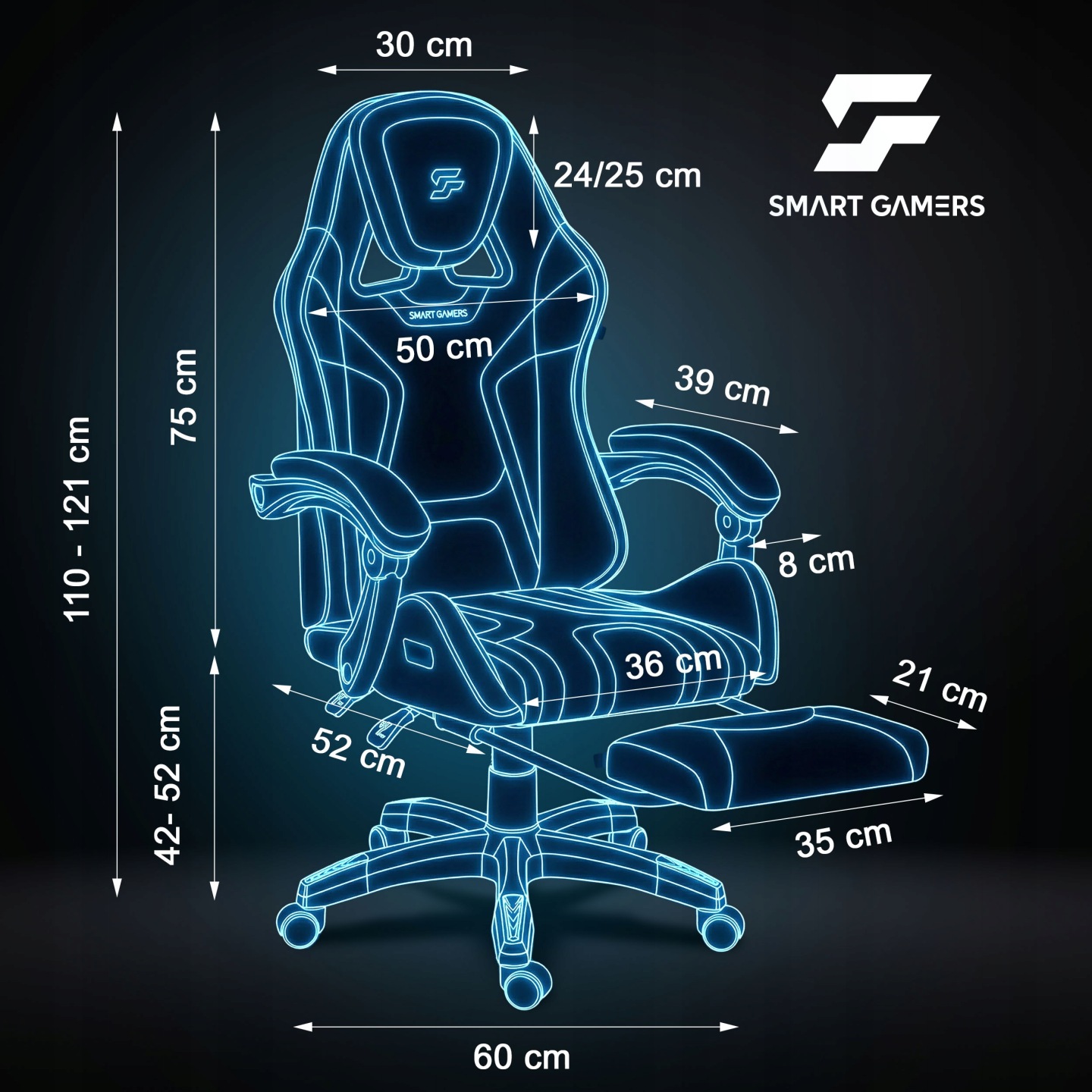 Gaming krēsla izmēru shēma ar norādītiem centimetriem, kāju balstu un atzveltnes augstumu