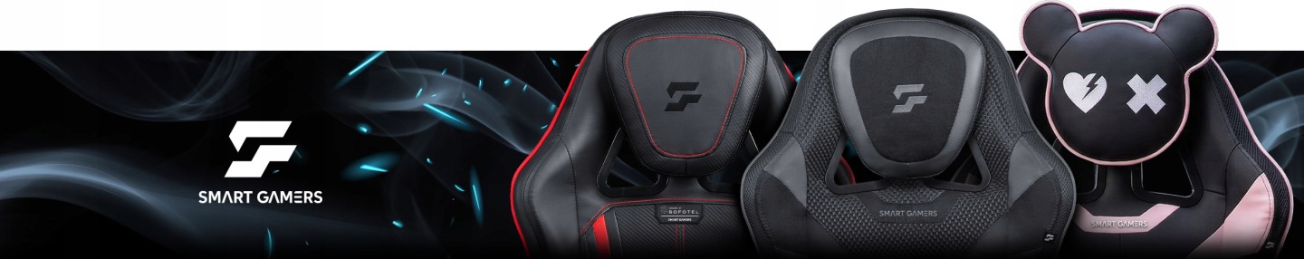 Sofotel Specter gaming krēsls ar melnu polsterējumu un redzamu SMART GAMERS zīmolu uz tumša fona