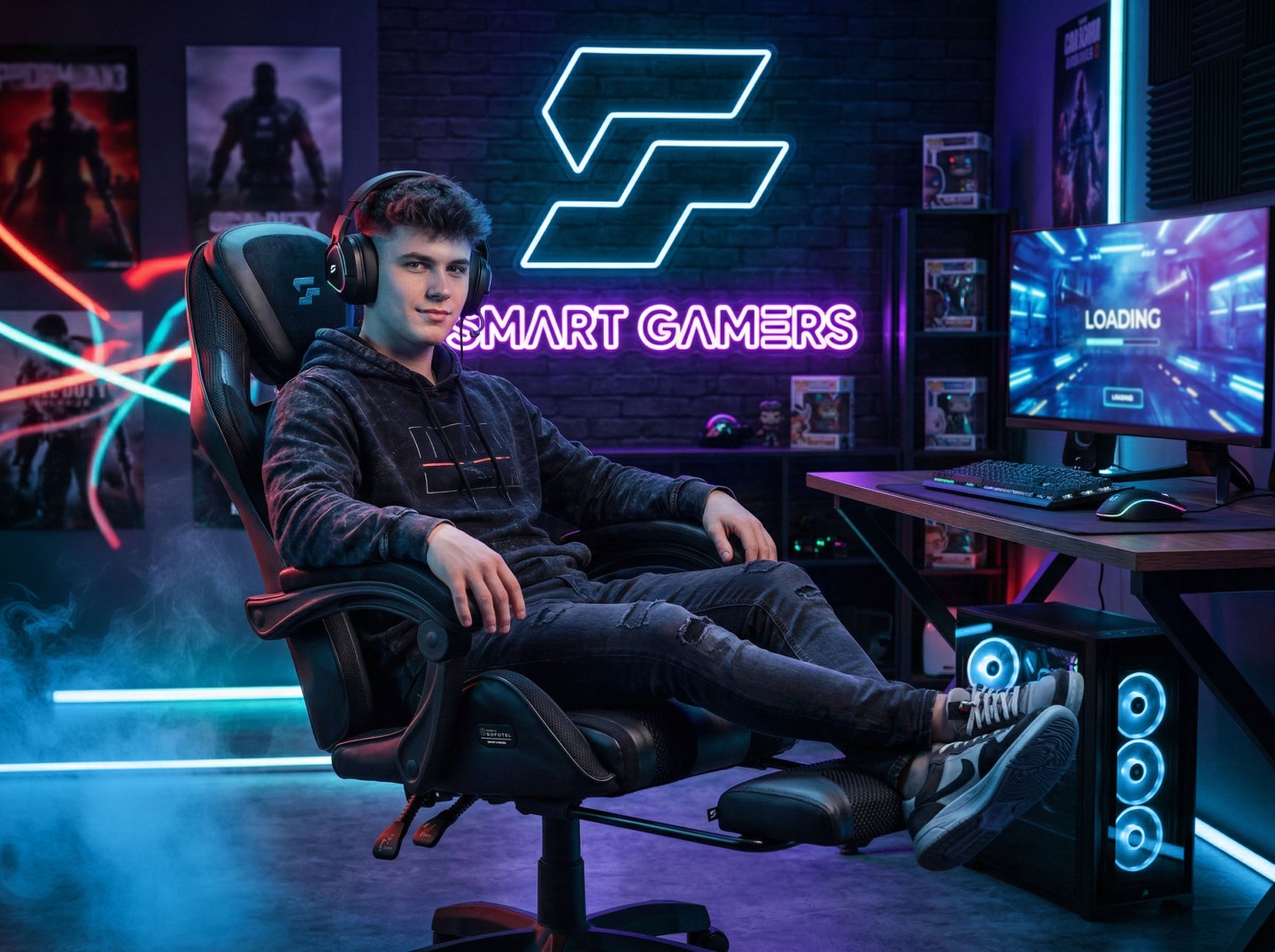 Lietotājs sēž gaming krēslā pie datora spēļu istabā ar izgaismotu monitoru un izvilktu kāju balstu